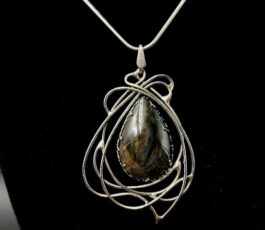 Pendentif inox “les Passages Célestes: le Fil d’ Ariane”, Obsidienne Mentogochol